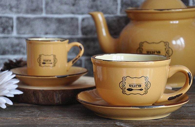 Enamel cups are in a modern style