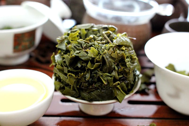 The Huangjin Gui tea leaves after brewing