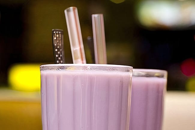 Bubble milk tea made with lavender powder showing a lovely purple